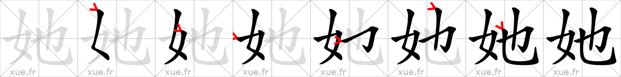 Chinese Hanzi stroke order for 她