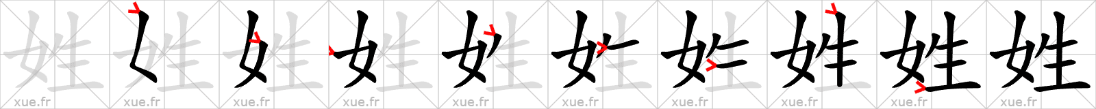 Chinese Hanzi stroke order for 姓